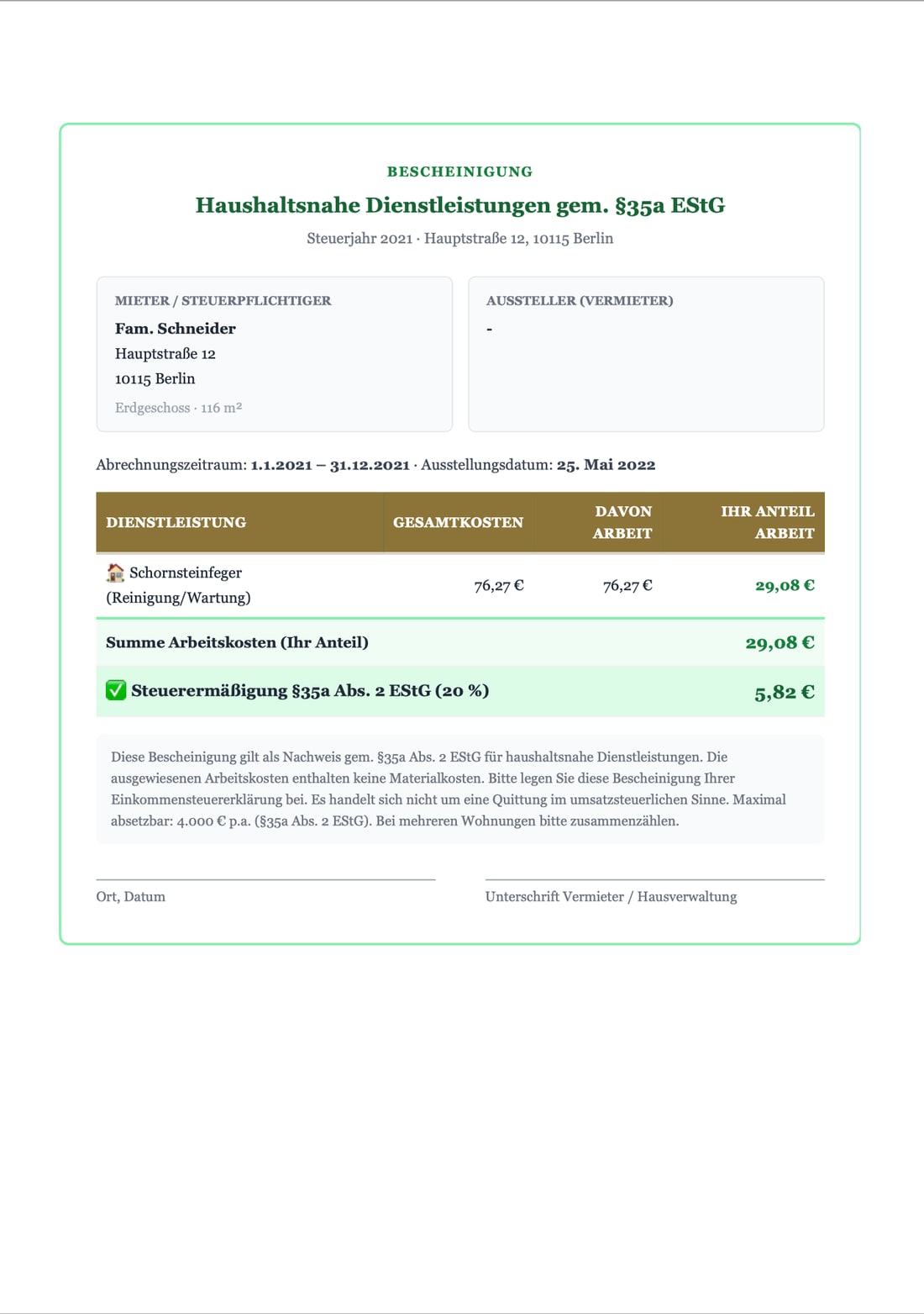 § 35a-Bescheinigung für die Steuererklärung